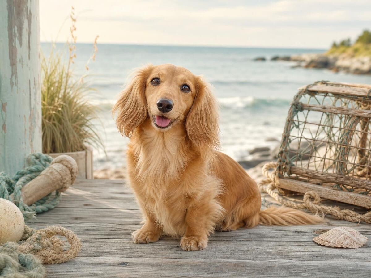 A light brown long-haired mini dachshund sitting on a weathered dock by the sea in Kennebunkport, Maine, with a vintage mobile grooming trailer in the soft background