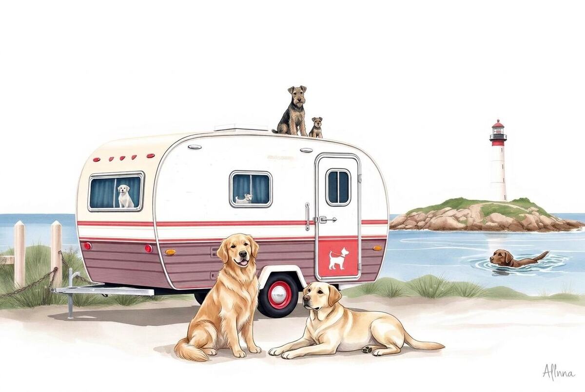 K-Pup vintage mobile grooming trailer on the Maine coast with a Golden Retriever and Labrador relaxing nearby, a dog swimming in the water, and a dog sitting on top of the trailer